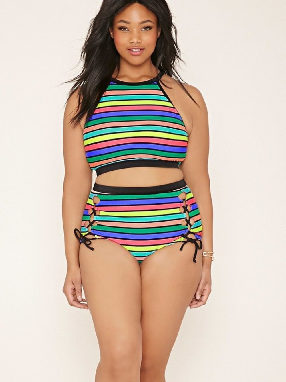 Forever 21 Plus Lace Up Black Multi Stripe Bikini Bottoms Swim XL/1X/2X/3X